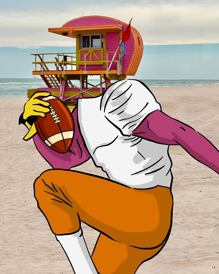 Artwork reimagining landscapes with famous characters playing football on a beach near a colorful lifeguard tower.