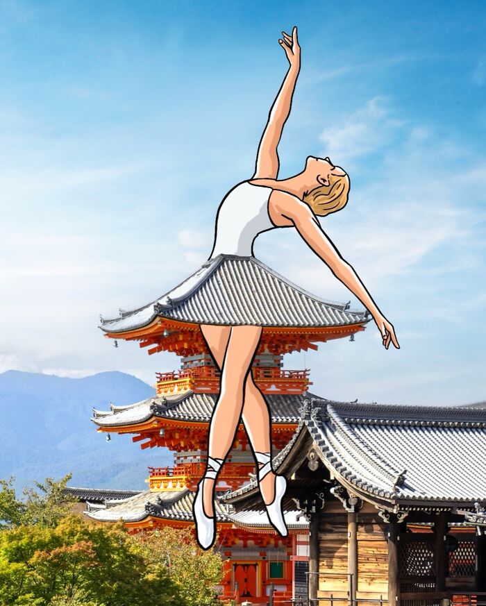 Illustration of a ballerina with a traditional Japanese temple roof as her skirt, reimagining landscapes with famous characters.