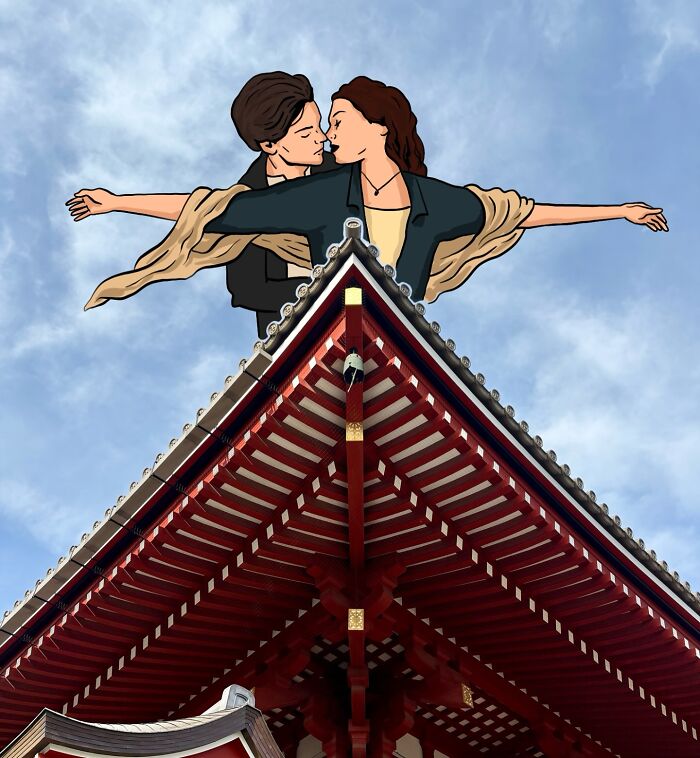 Illustration reimagining landscapes with famous characters posing atop a traditional red and white architectural rooftop.