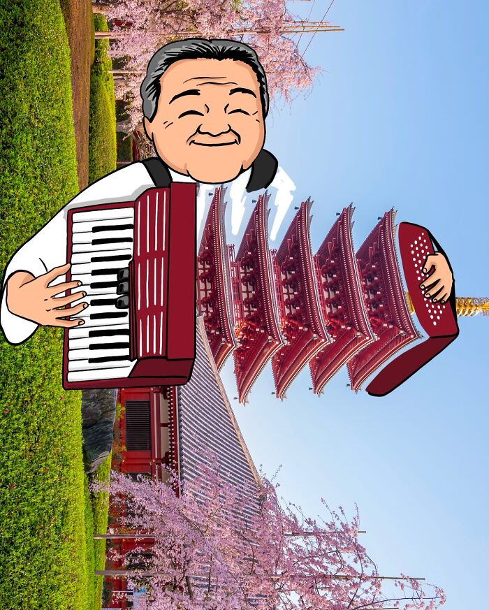 Illustration of an accordion player reimagined as a famous pagoda in a vibrant landscape with cherry blossoms.