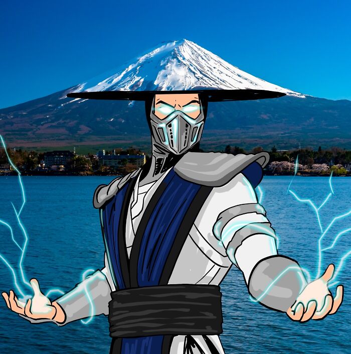Illustration of a famous character with glowing eyes and lightning effects reimagined in a scenic landscape background.