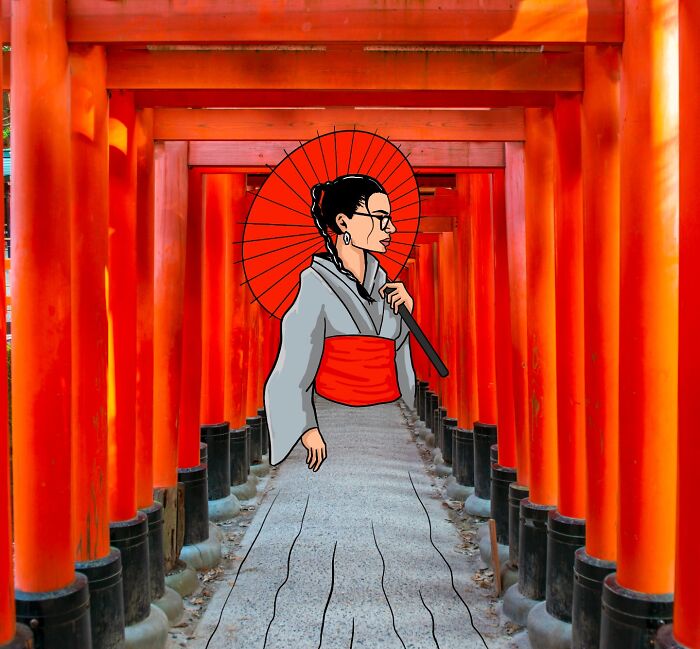 Illustration of a woman in traditional attire holding a red umbrella in a vibrant orange torii gate landscape reimagined with famous characters.