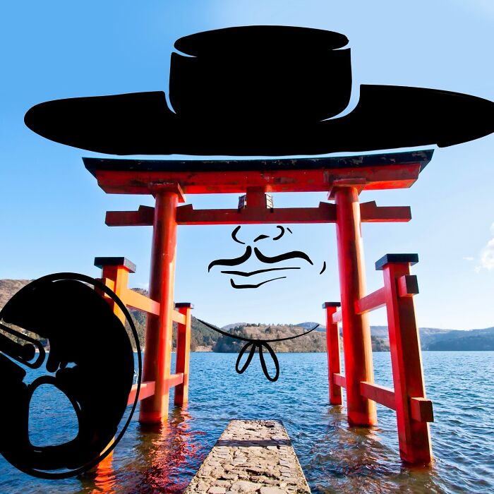 Red torii gate over water with a famous character added by artist reimagining landscapes using everyday objects.