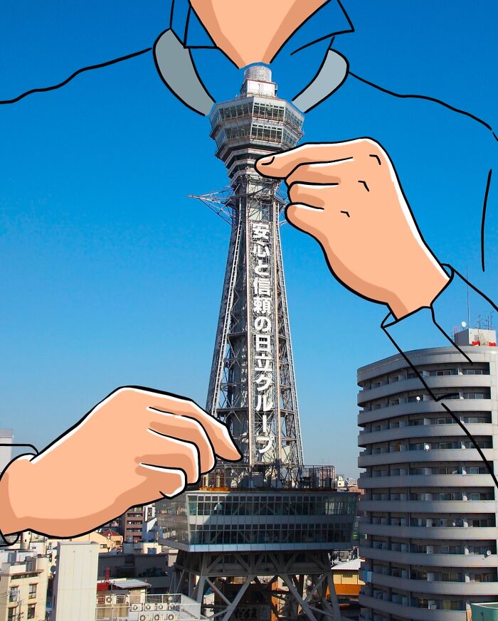 Artwork creatively reimagines landscapes by adding famous characters interacting with a city tower and buildings.