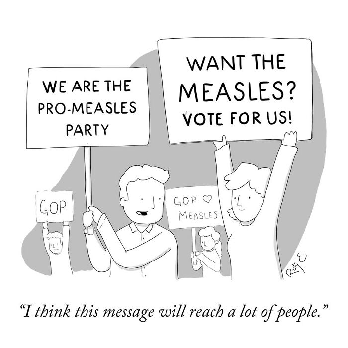 One-panel comic by Rusty showing people holding signs about measles, reflecting weird and funny life moments.