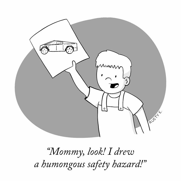Child proudly holding drawing of a car labeled as a humongous safety hazard in one-panel comic by Rusty.