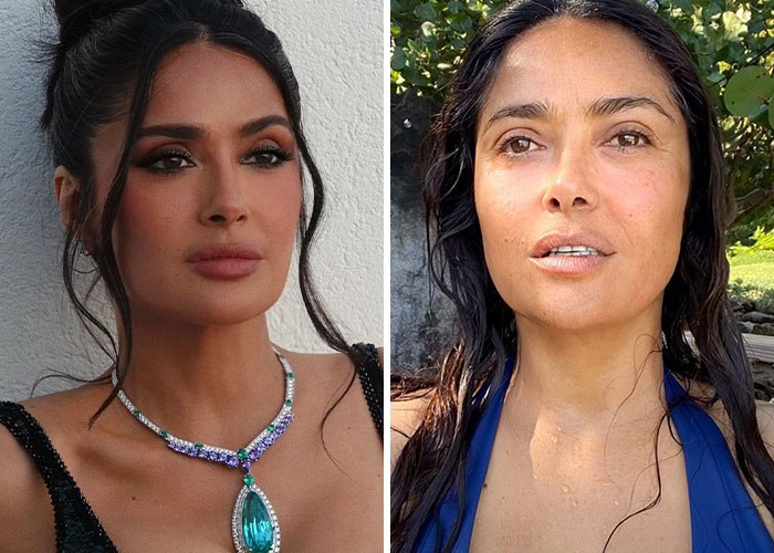 Salma Hayek shown with makeup and jewelry on left, and without makeup or professional lighting outdoors on right.