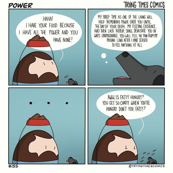 Comic strip from Trying Times Comics showing humorous power struggle and chaos between a person and their pet over food.