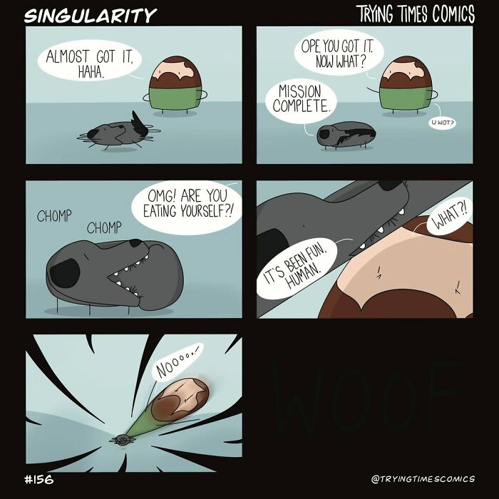 Comic strip from Trying Times Comics showing the chaotic and joyful moments of life with pets in a humorous scenario.