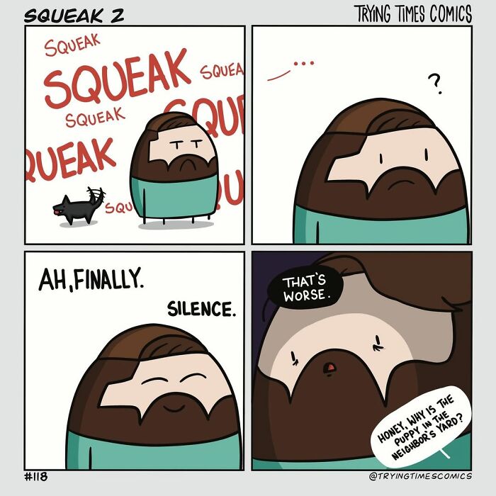 Man reacts to noisy puppy squeaking then silence in pet comics by Trying Times Comics showing life with animals.