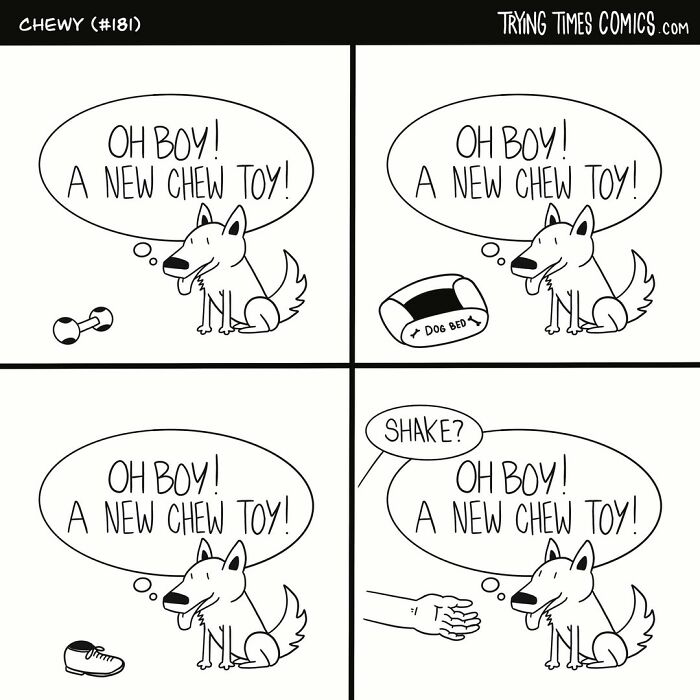 Comic from Trying Times Comics showing a dog excitedly thinking about new chew toys in a humorous pet comic strip.