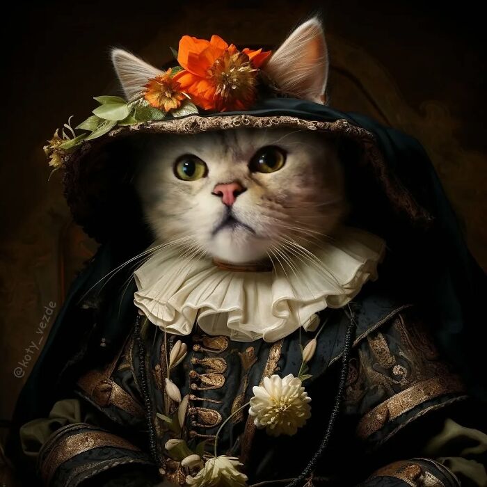 Cat transformed into majestic figure wearing historical royal attire with floral hat and ruffled collar in a dark background.