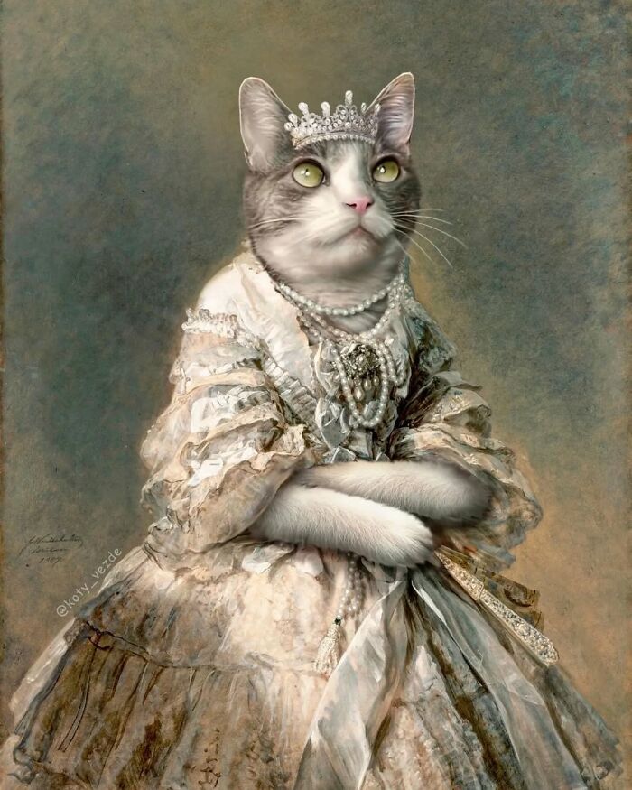 Cat dressed as a majestic historical figure wearing a crown and pearls in a vintage royal portrait style.
