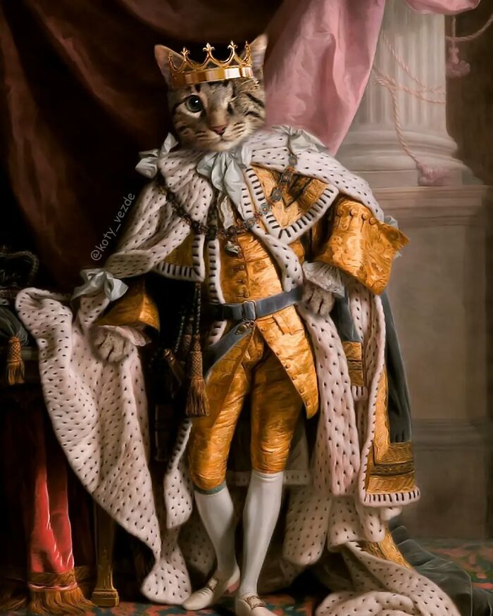 Tabby cat transformed into a majestic figure wearing royal robes and a crown in a historical portrait style.