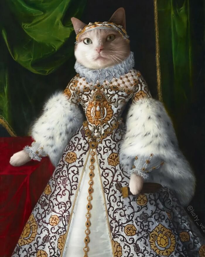 Cat transformed into a majestic figure wearing ornate historical royal attire with intricate gold and white patterns.