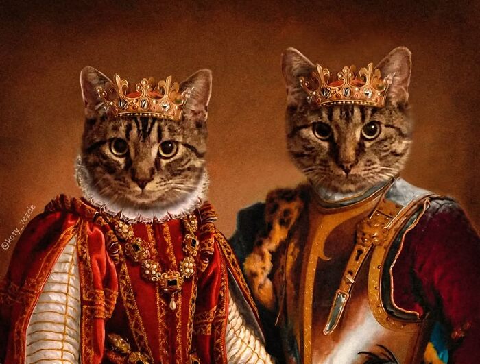 Two cats transformed into majestic figures wearing royal crowns and historical portraits clothing in a regal setting.