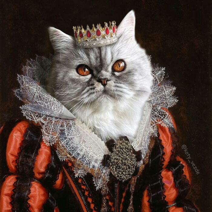 Gray cat with amber eyes wearing a jeweled crown and royal historical clothing in a majestic portrait style.