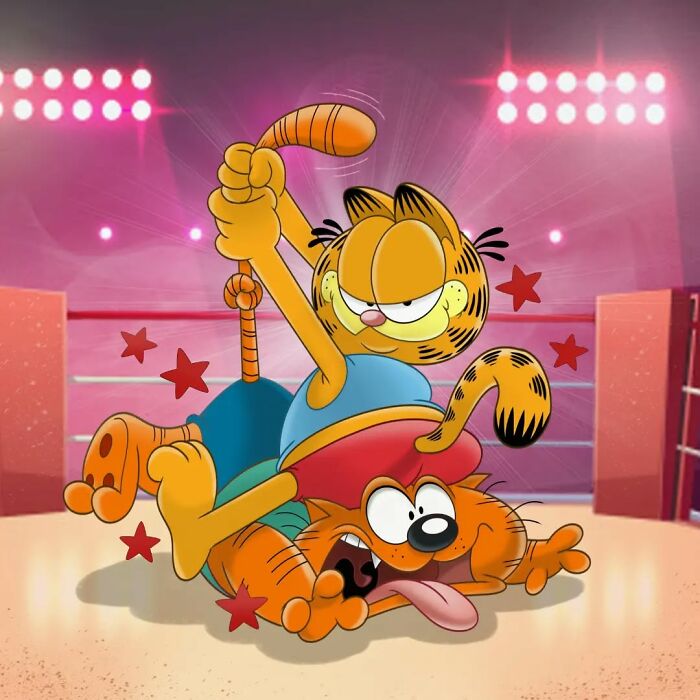 Garfield wrestling in a colorful ring, showcasing a fun cartoon mashup with dynamic action and vibrant lighting.