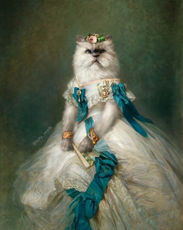 Majestic cat dressed in historical attire with lace and blue ribbons, transformed into a regal figure in a portrait style.