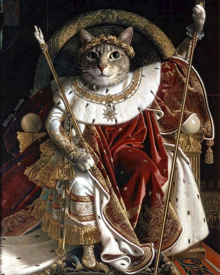 Majestic cat dressed in royal historical attire seated on a throne holding a scepter in this artistic portrait.