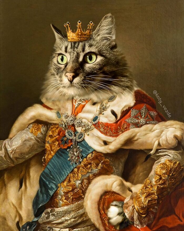 Cat transformed into a majestic figure wearing royal robes and a crown in a historical portrait style.