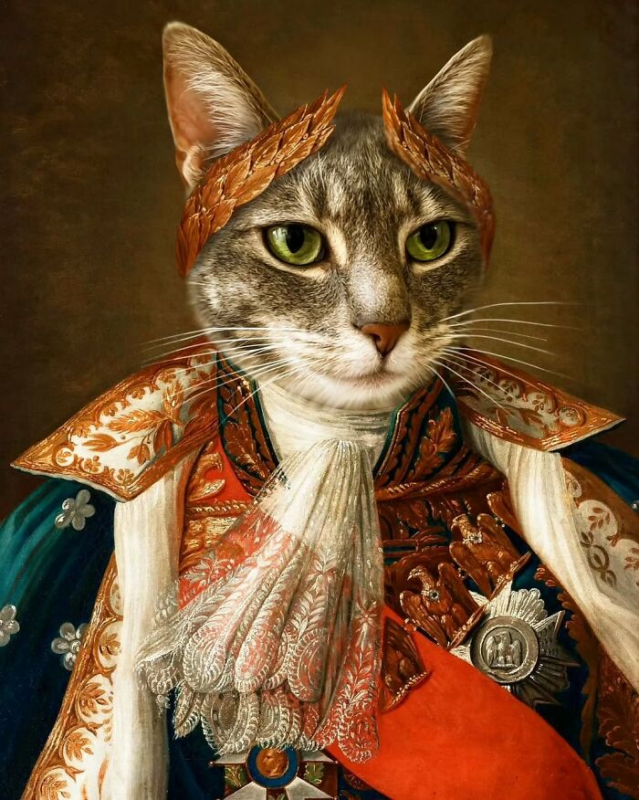 Majestic cat dressed in historical regal attire with a laurel crown, embodying cats transformed into majestic figures.