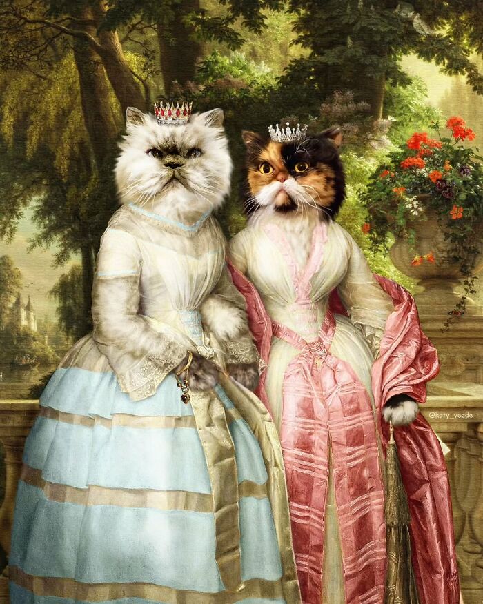 Two cats transformed into majestic figures wearing historical royal gowns and crowns in a lush garden setting.