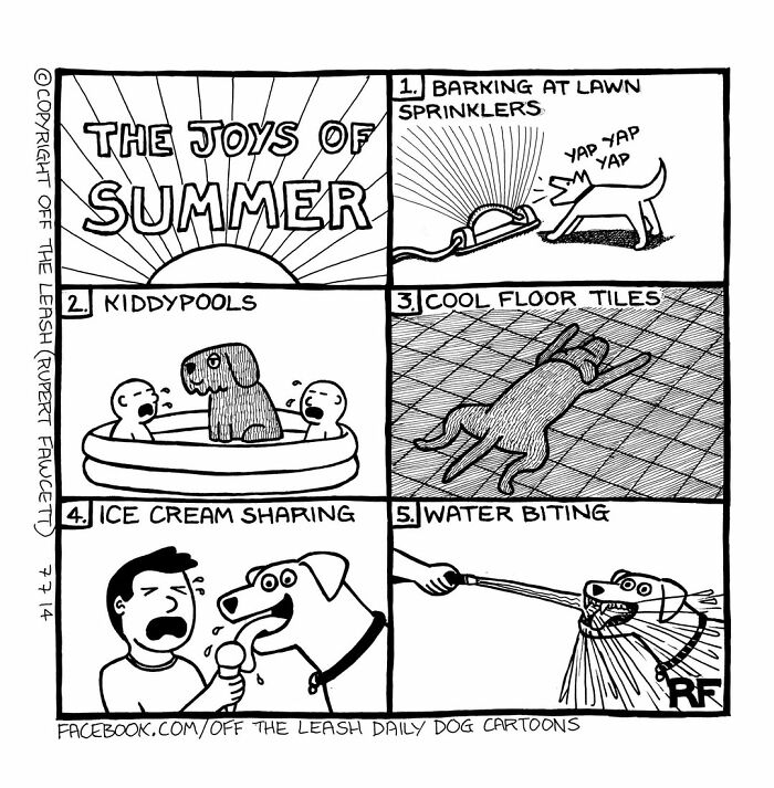 Black and white comic of a dog barking at sprinkler, in kiddy pool, on cool tiles, sharing ice cream, and biting water spray.