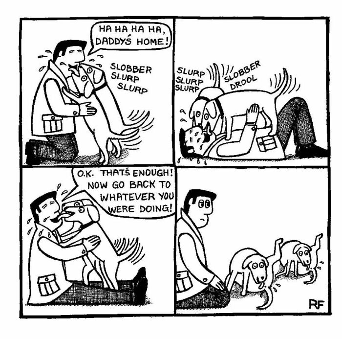 Dog owner hilariously overwhelmed by enthusiastic dog’s slobber in relatable off the leash comic strip.