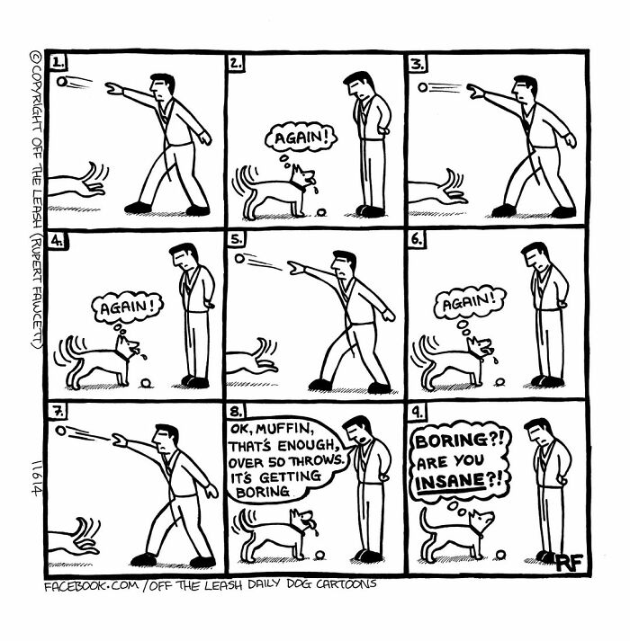 Dog owner repeatedly throws a ball for a dog who eagerly wants to play again in this funny off the leash comic strip.