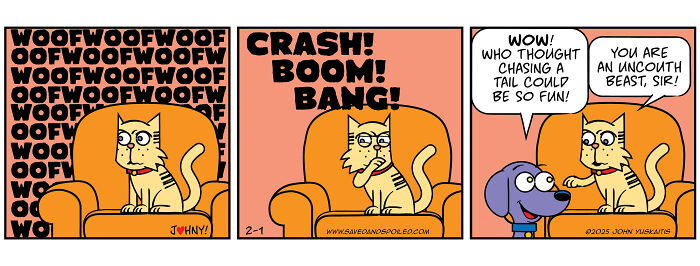 Comic strip featuring a cat reacting to dog noises and playful chaos between the dog and cat.