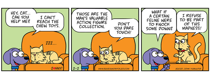 Comic strip showing daily chaos between a dog and cat, highlighting their playful and mischievous interactions.