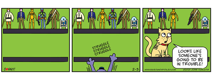 Comic strip featuring a cat causing daily chaos among action figures in a humorous pet comic about dogs and cats.