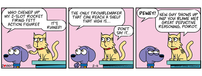 Comic strip featuring a dog and cat depicting their daily chaos and humorous interactions in a colorful setting.