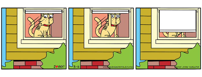 Cartoon comic strip showing a cat interacting with a window blind, illustrating pet daily chaos and humor.
