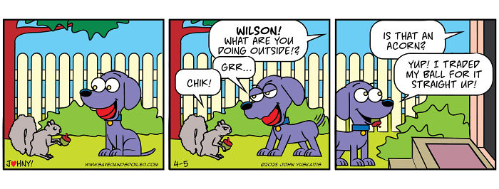 Comic strip featuring a dog and squirrel trading a ball for an acorn, showcasing daily chaos with pets.