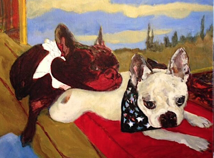 Painting of two dogs lying on a red cushion, showcasing detailed pet portraits with vibrant colors and expressive features.