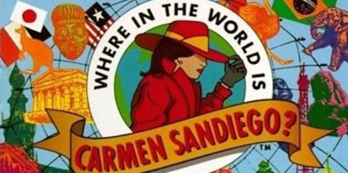 Where in the world is Carmen Sandiego logo featuring a globe and iconic cultural landmarks representing unsolved mysteries.