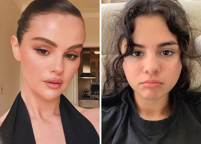 Side-by-side images of a woman with makeup and professional lighting and without makeup or professional lighting, showing natural skin.