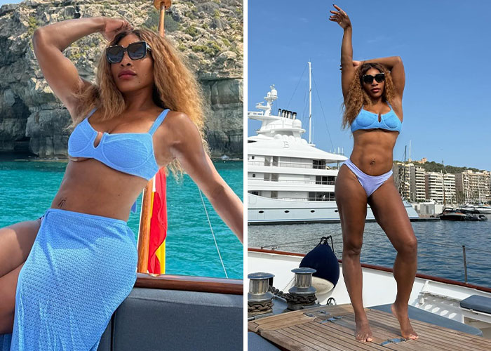 Woman with curly hair and sunglasses showing a toned celebrity beach body in a blue bikini on a luxury yacht.