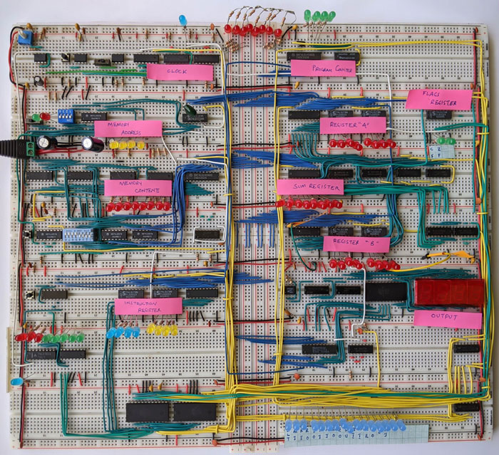 Close-up of a fully functional 8-bit computer built entirely from K’Nex pieces and electronic components on a breadboard. Close-up of a fully functional 8-bit computer built entirely from K’Nex pieces and electronic components on a breadboard.