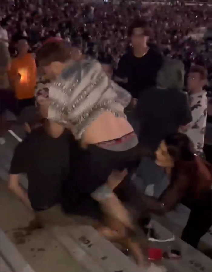 Crowd at concert amid chaotic moment involving a mom punched unconscious after a drink incident sparking a violent brawl.