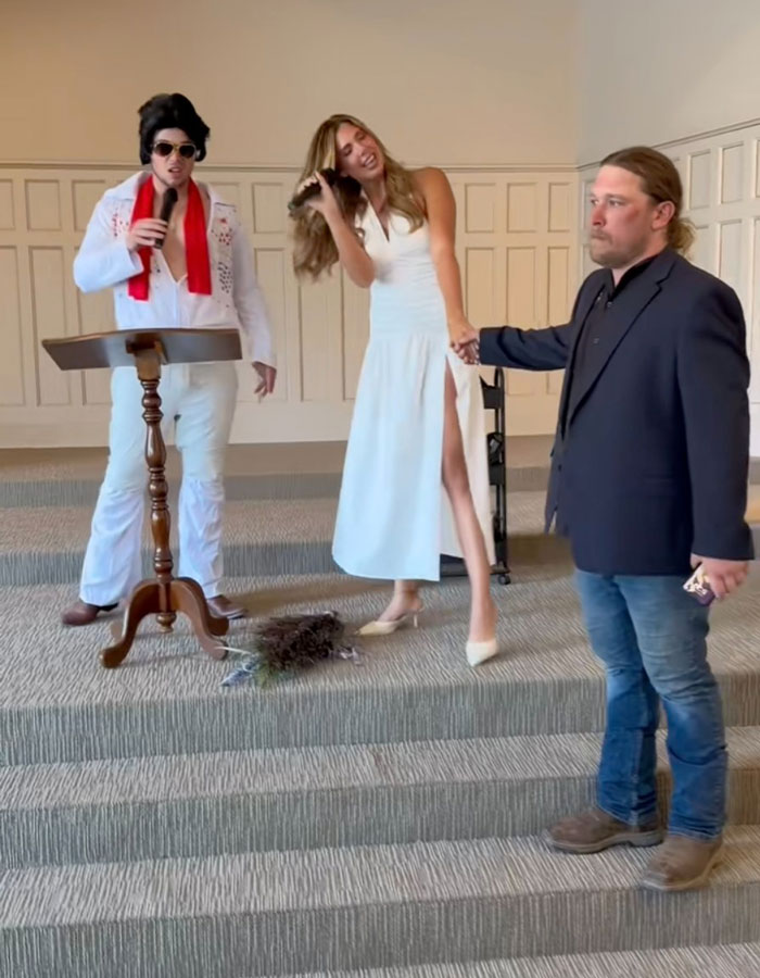 Bride serenades groom dressed as Elvis at a Vegas wedding, with forced marriage and kidnapping themes hinted in the scene