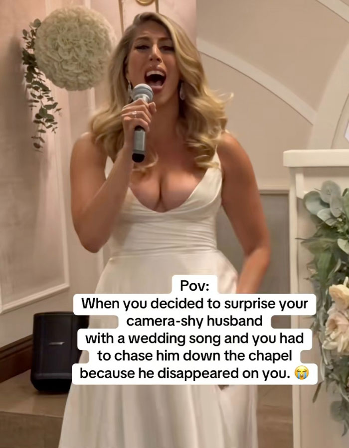 Bride in wedding dress singing with microphone at Vegas wedding during forced marriage or kidnapping scare.