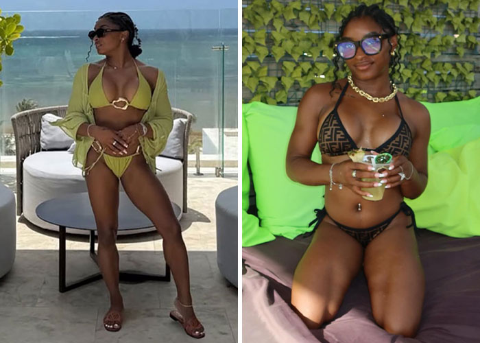 Two women showcasing stunning celebrity beach bodies from 2025 wearing stylish bikinis at scenic outdoor locations.