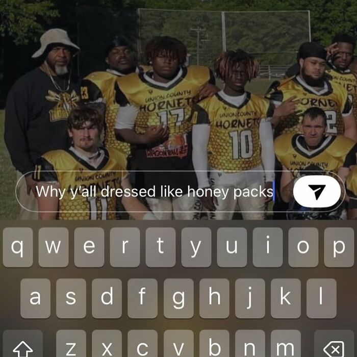 Group of young football players in yellow Union County Hornets uniforms with text overlay referencing cursed images on IG page.
