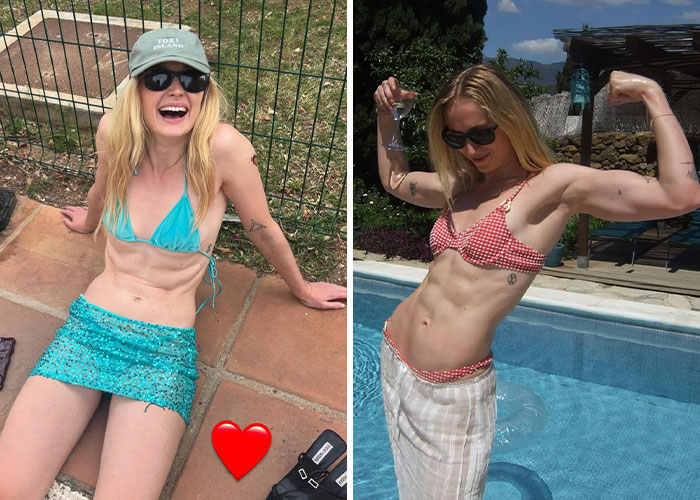 Two women wearing bikinis showcase toned celebrity beach bodies by the pool and on a sunny outdoor patio.