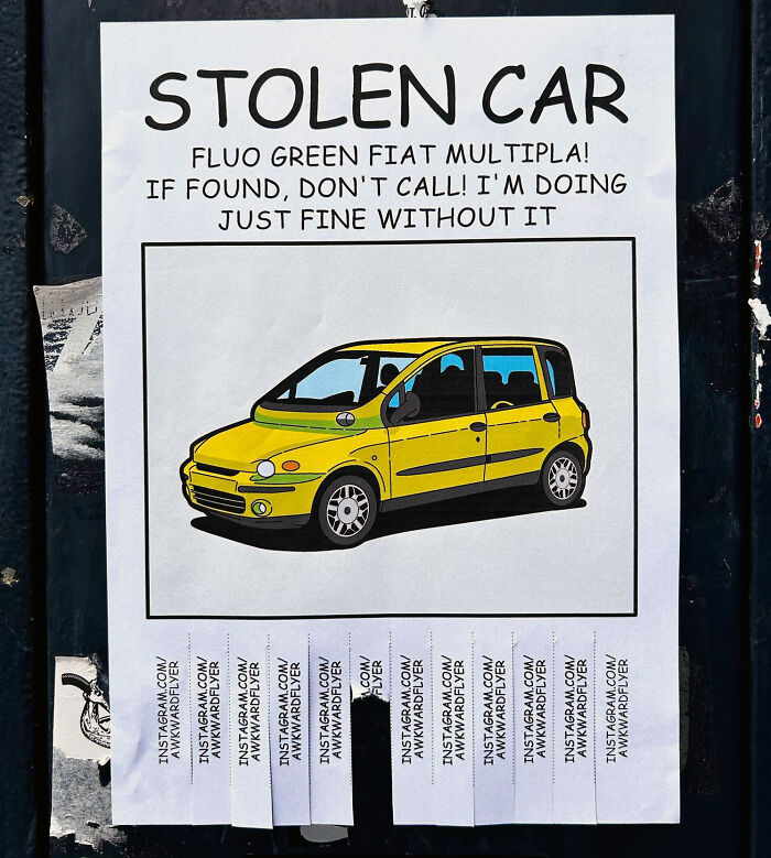 Street art poster of a stolen fluo green Fiat Multipla with tear-off Instagram tags on a black wall background.