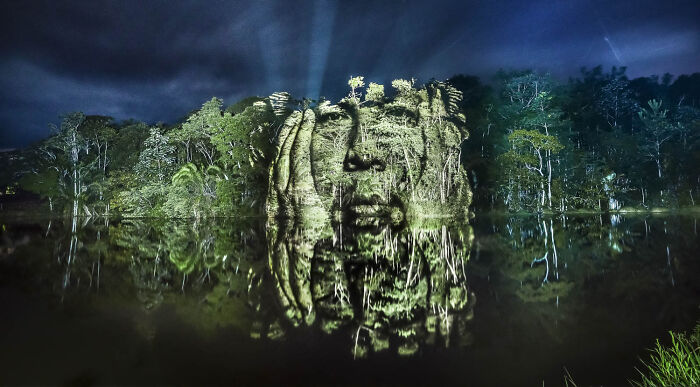 Nighttime street art photo showing a large illuminated face blending with trees reflected on calm water.