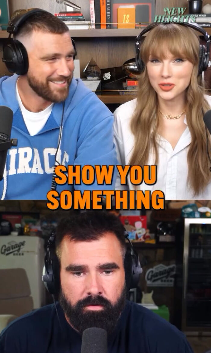 Two men and a woman wearing headphones during a podcast discussing Taylor Swift&rsquo;s music countdown and new album reveal.